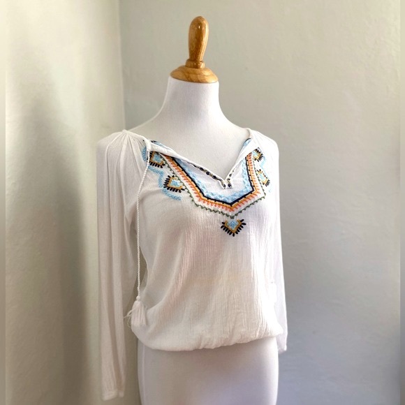 Lucky Brand Tops - Lucky Brand Long Sleeve Top Embroidered w/ Tassels White XS